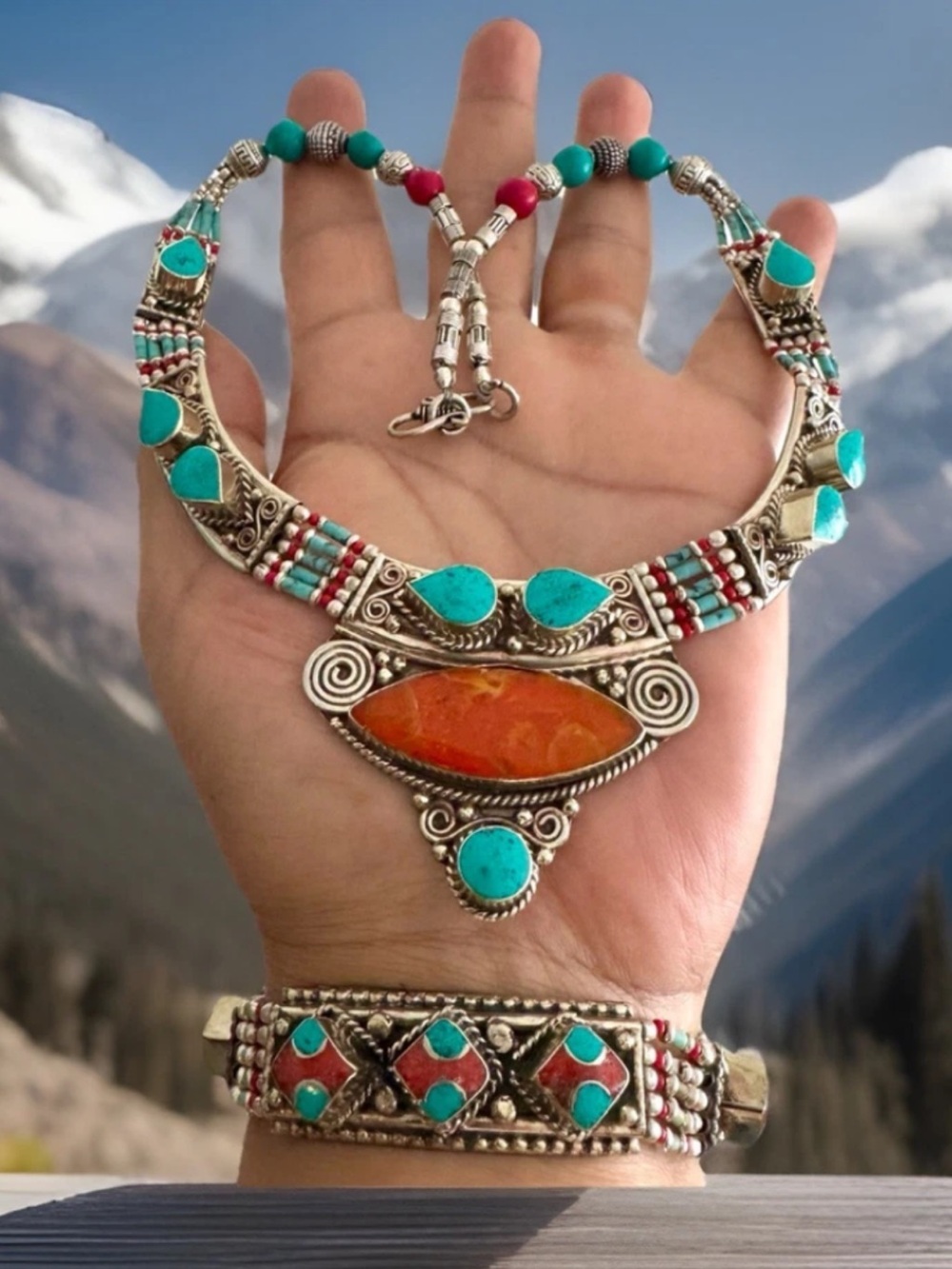 Handcrafted Tribal Theme Amber Resin,Turquoise Statement Necklace Set In Silver